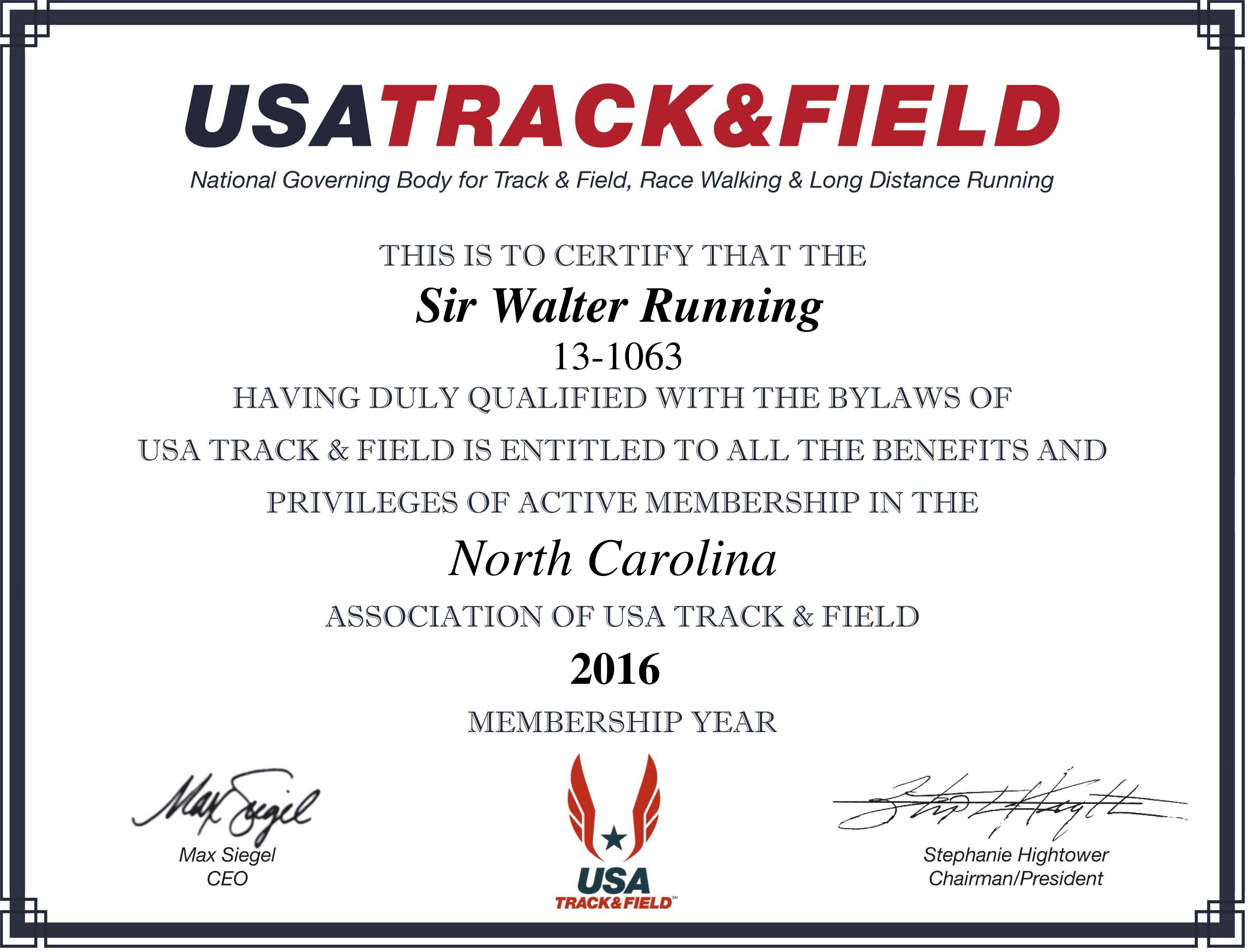 USATF Club Certificate Sir Walter Running